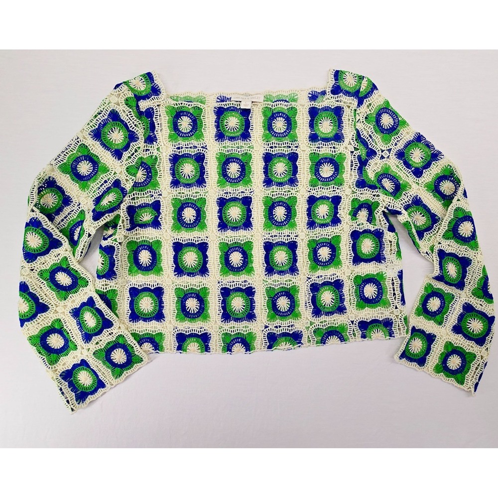 Chelsea & Violet Bonnie Granny Square Crochet Top Blue Green Long Sleeve Sz L